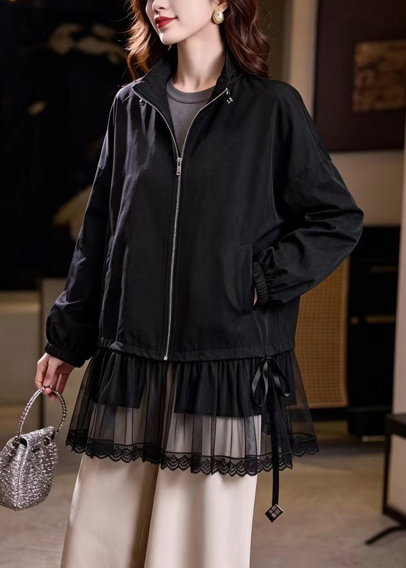 Loose Black Stand Collar Patchwork Tulle Jacket Fall