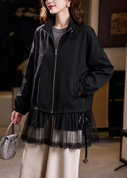 Loose Black Stand Collar Patchwork Tulle Jacket Fall