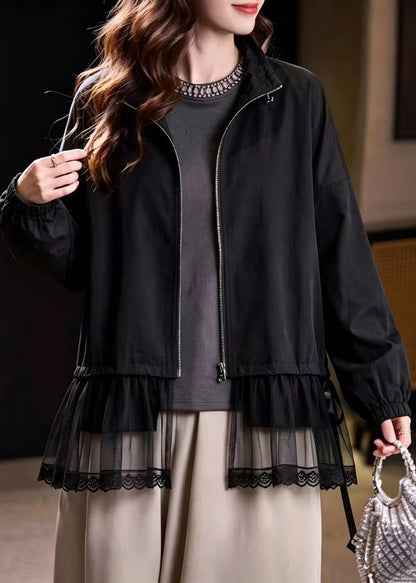 Loose Black Stand Collar Patchwork Tulle Jacket Fall