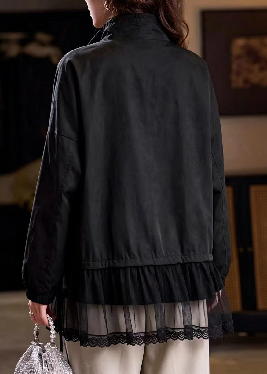 Loose Black Stand Collar Patchwork Tulle Jacket Fall