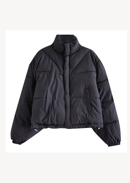 Loose Black Stand Collar Pockets Fine Cotton Filled Warm Jackets Winter
