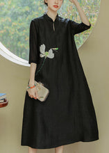 Load image into Gallery viewer, Loose Black Stand Collar Print Pockets Silk Dress Half Sleeve