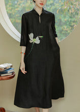 Load image into Gallery viewer, Loose Black Stand Collar Print Pockets Silk Dress Half Sleeve