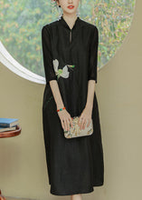 Load image into Gallery viewer, Loose Black Stand Collar Print Pockets Silk Dress Half Sleeve
