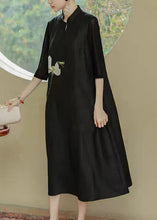 Load image into Gallery viewer, Loose Black Stand Collar Print Pockets Silk Dress Half Sleeve