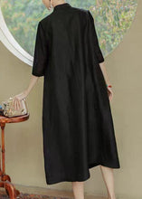 Load image into Gallery viewer, Loose Black Stand Collar Print Pockets Silk Dress Half Sleeve