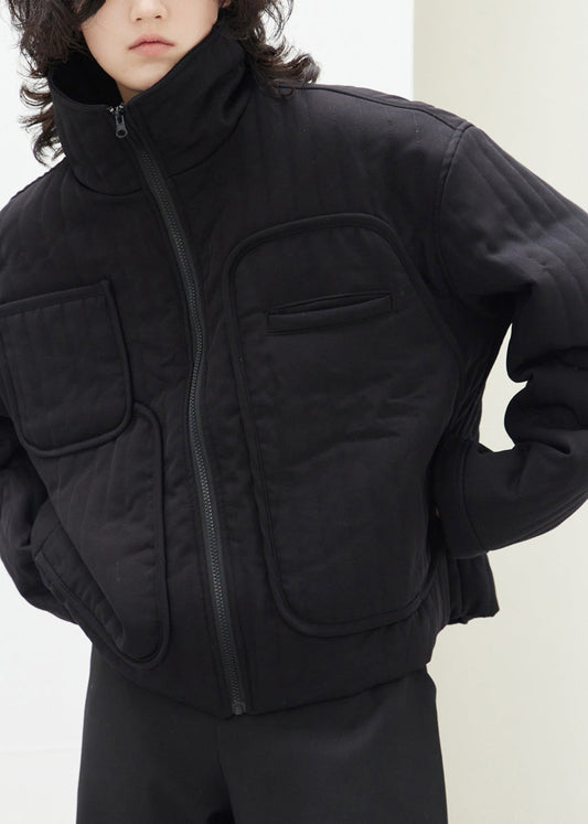 Loose Black Stand Collar Zippered Pockets Parka Fall