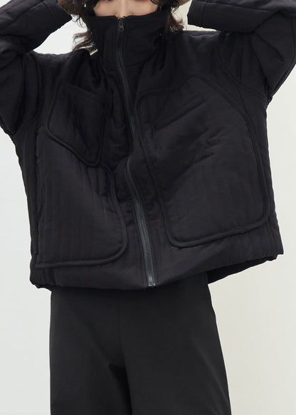 Loose Black Stand Collar Zippered Pockets Parka Fall