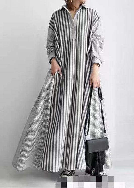 Loose Black Striped Peter Pan Collar Patchwork Cotton Dress Spring