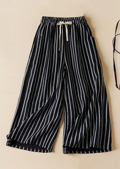 Loose Black Striped Pockets Elastic Waist Cotton Crop Pants Summer