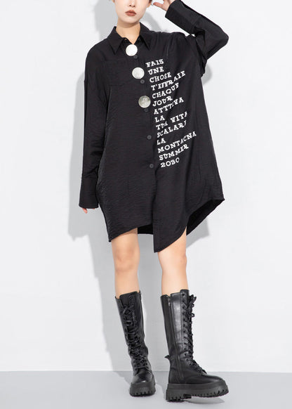 Loose Black Turn-Down Collar Alphabet Print Mid Long Shirt Tops Fall