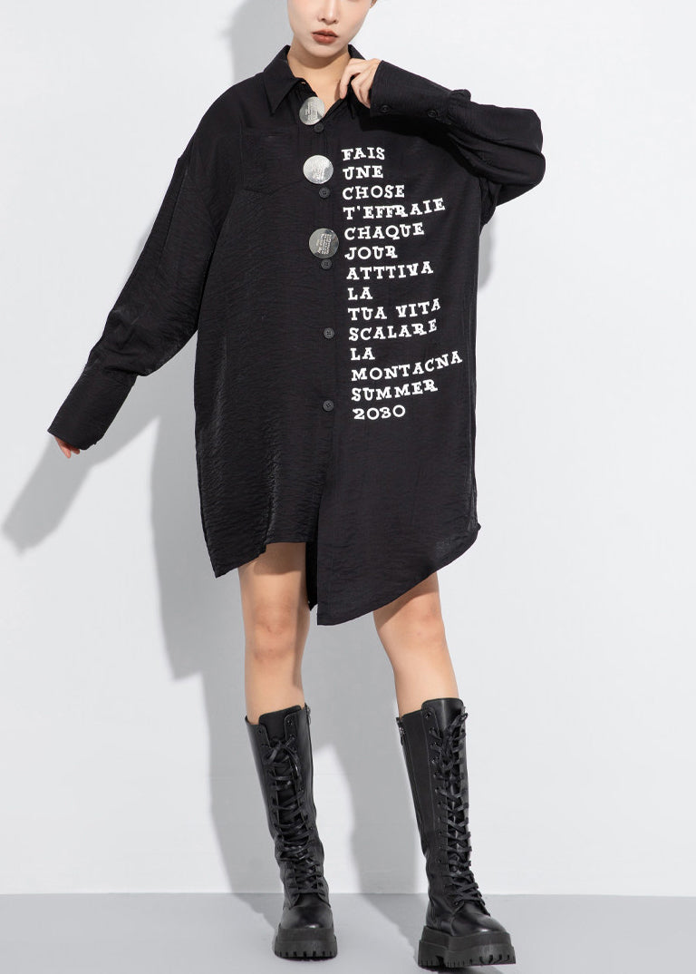 Loose Black Turn-Down Collar Alphabet Print Mid Long Shirt Tops Fall