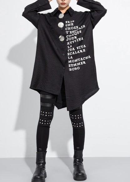 Loose Black Turn-Down Collar Alphabet Print Mid Long Shirt Tops Fall