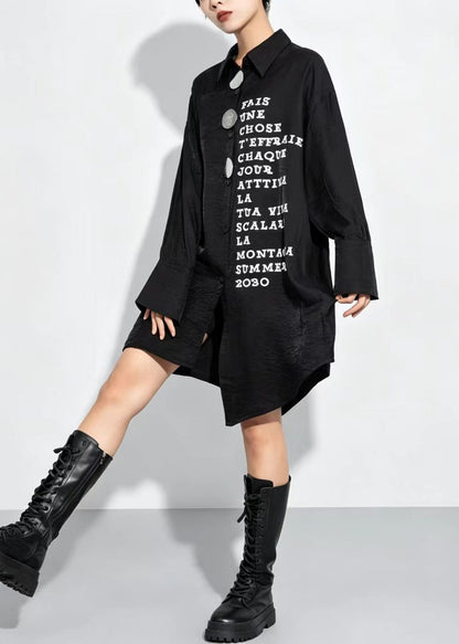 Loose Black Turn-Down Collar Alphabet Print Mid Long Shirt Tops Fall