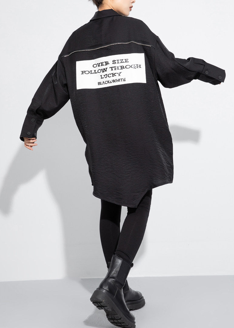 Loose Black Turn-Down Collar Alphabet Print Mid Long Shirt Tops Fall