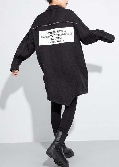 Loose Black Turn-Down Collar Alphabet Print Mid Long Shirt Tops Fall
