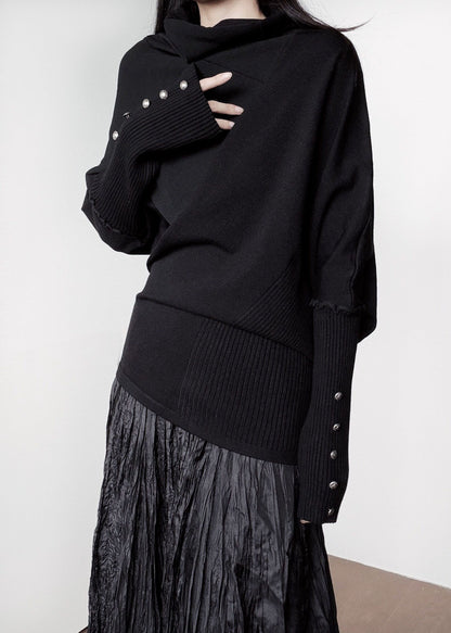 Loose Black Turtle Neck Asymmetrical Design Knit Short Sweater Winter