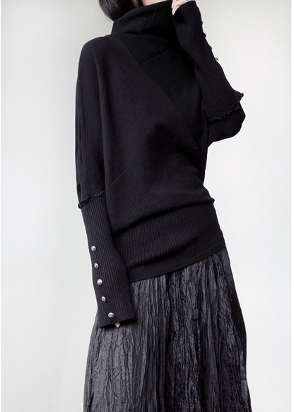 Loose Black Turtle Neck Asymmetrical Design Knit Short Sweater Winter