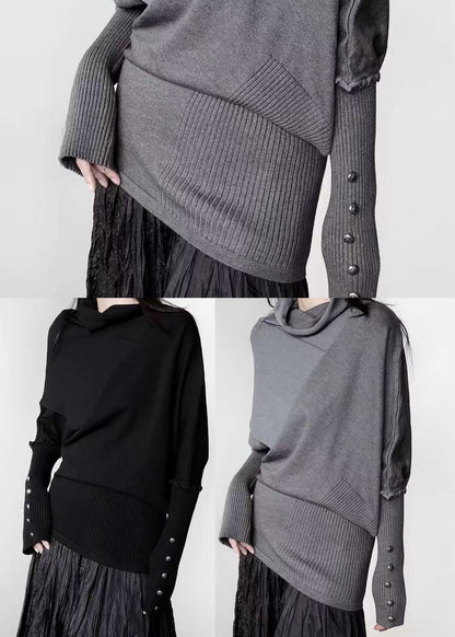 Loose Black Turtle Neck Asymmetrical Design Knit Short Sweater Winter