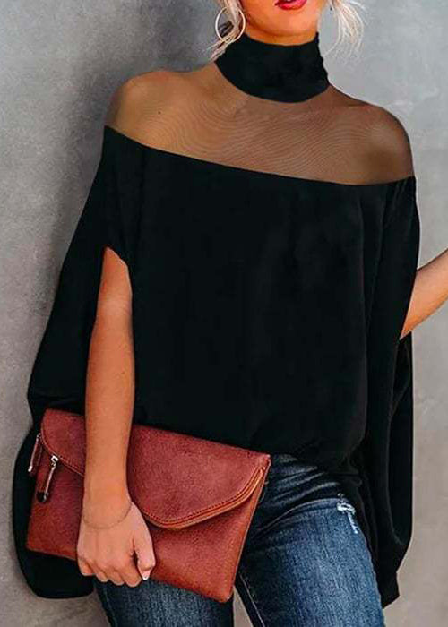 Loose Black Turtleneck Solid Tulle Patchwork T Shirts Batwing Sleeve