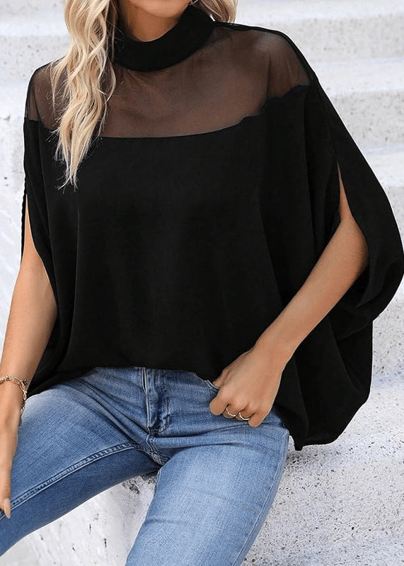 Loose Black Turtleneck Solid Tulle Patchwork T Shirts Batwing Sleeve