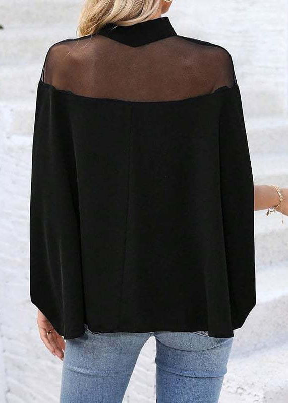 Loose Black Turtleneck Solid Tulle Patchwork T Shirts Batwing Sleeve