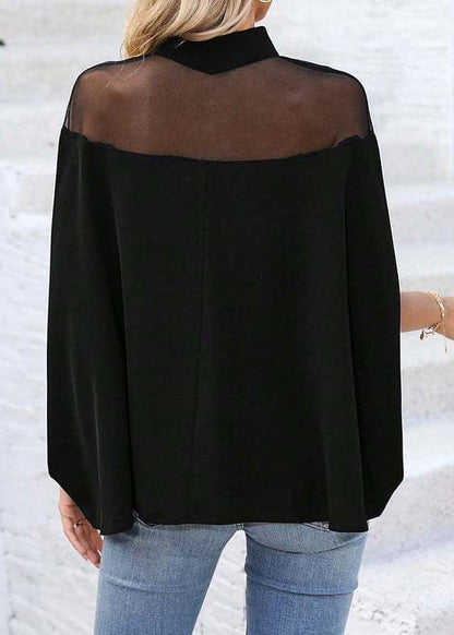Loose Black Turtleneck Solid Tulle Patchwork T Shirts Batwing Sleeve
