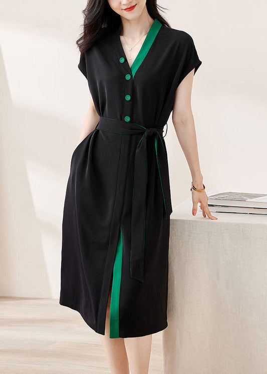 Loose Black V Neck Button Tie Waist Cotton Dresses Batwing Sleeve