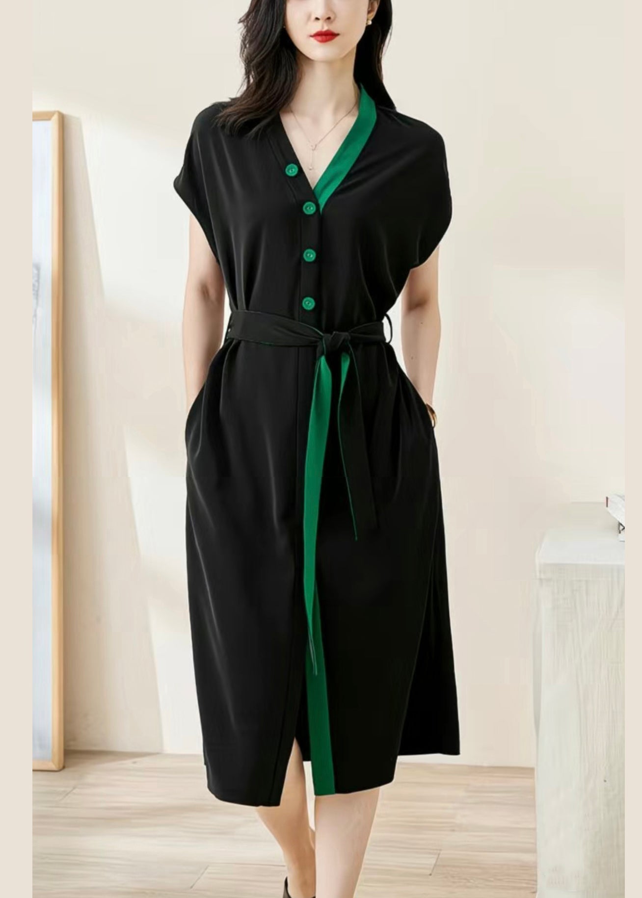 Loose Black V Neck Button Tie Waist Cotton Dresses Batwing Sleeve