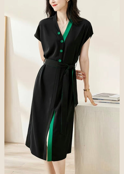 Loose Black V Neck Button Tie Waist Cotton Dresses Batwing Sleeve