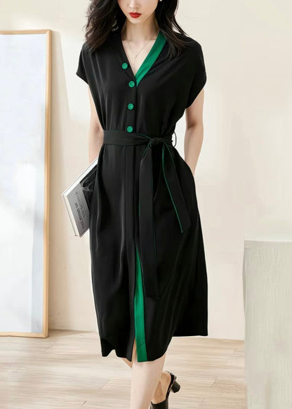 Loose Black V Neck Button Tie Waist Cotton Dresses Batwing Sleeve