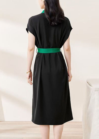 Loose Black V Neck Button Tie Waist Cotton Dresses Batwing Sleeve