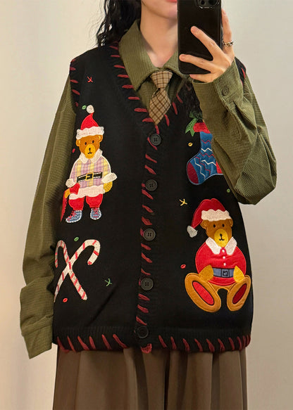 Loose Black V Neck Character Button Knit Waistcoat Sleeveless