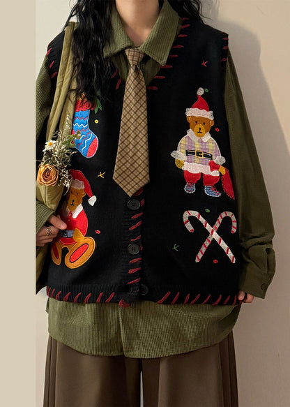 Loose Black V Neck Character Button Knit Waistcoat Sleeveless