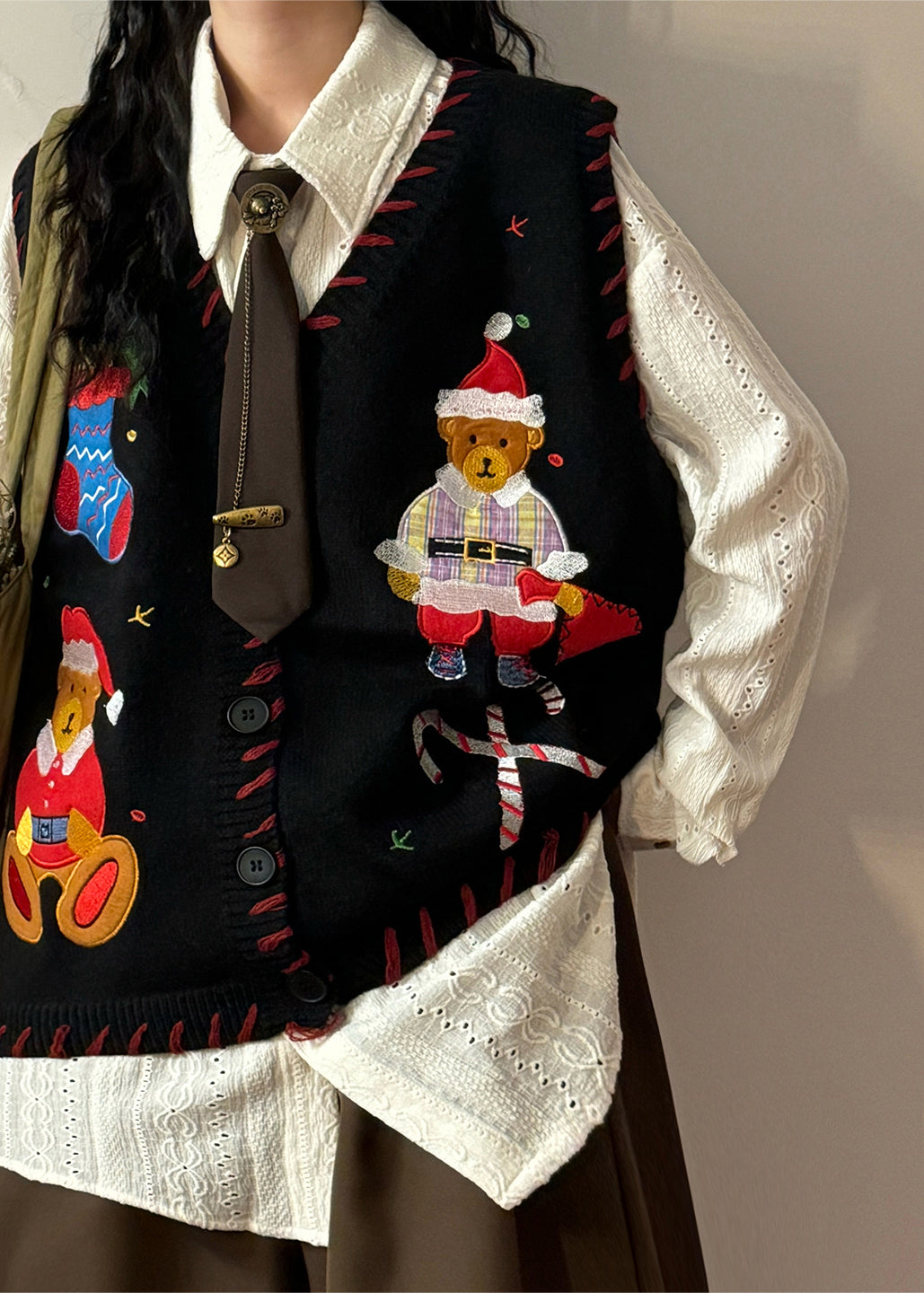 Loose Black V Neck Character Button Knit Waistcoat Sleeveless