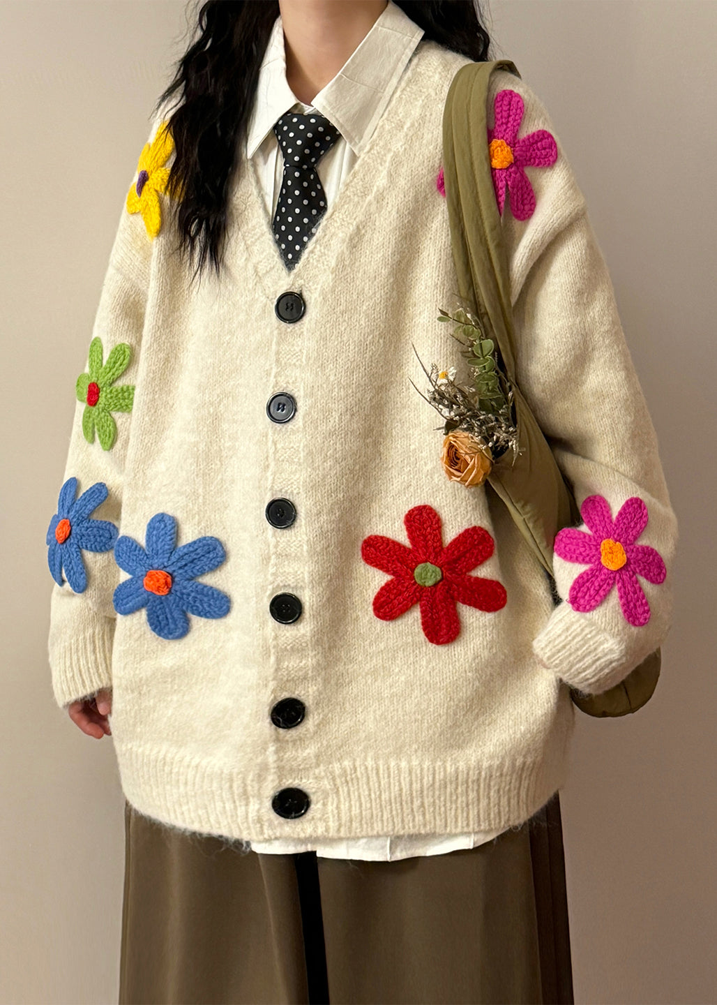 Loose Black V Neck Floral Button Knit Coats Spring