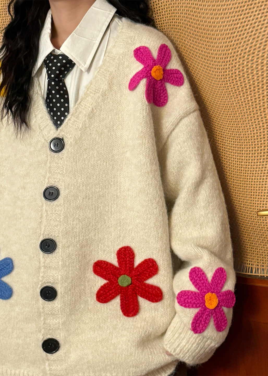 Loose Black V Neck Floral Button Knit Coats Spring