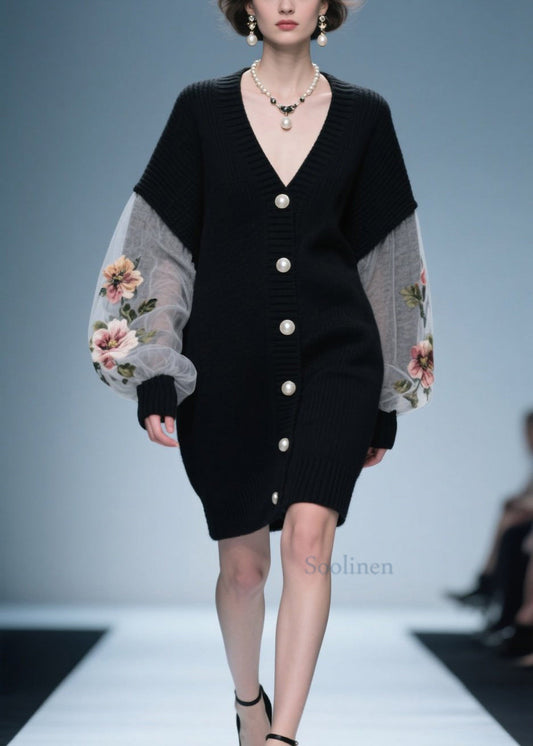 Loose Black V Neck Floral Button Patchwork Knit Coat Fall
