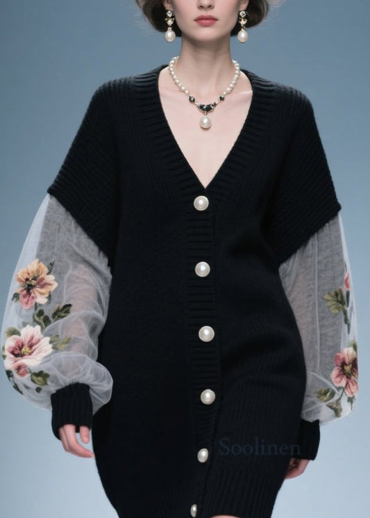 Loose Black V Neck Floral Button Patchwork Knit Coat Fall