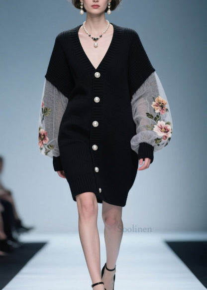 Loose Black V Neck Floral Button Patchwork Knit Coat Fall
