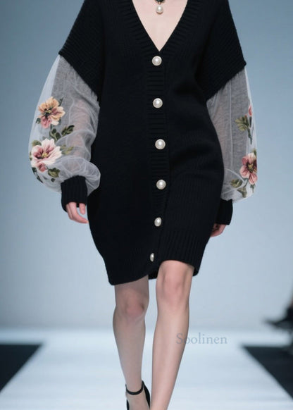 Loose Black V Neck Floral Button Patchwork Knit Coat Fall