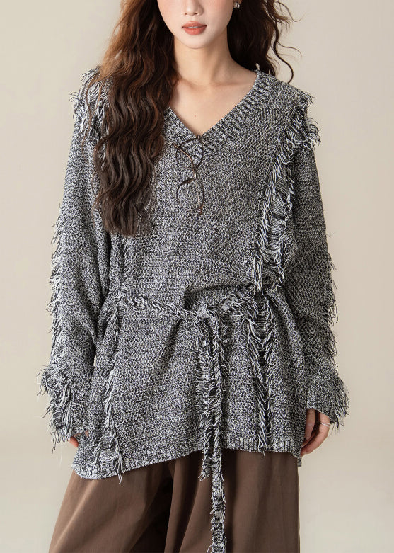 Loose Black V Neck Hole Cozy Knit Sweater Spring