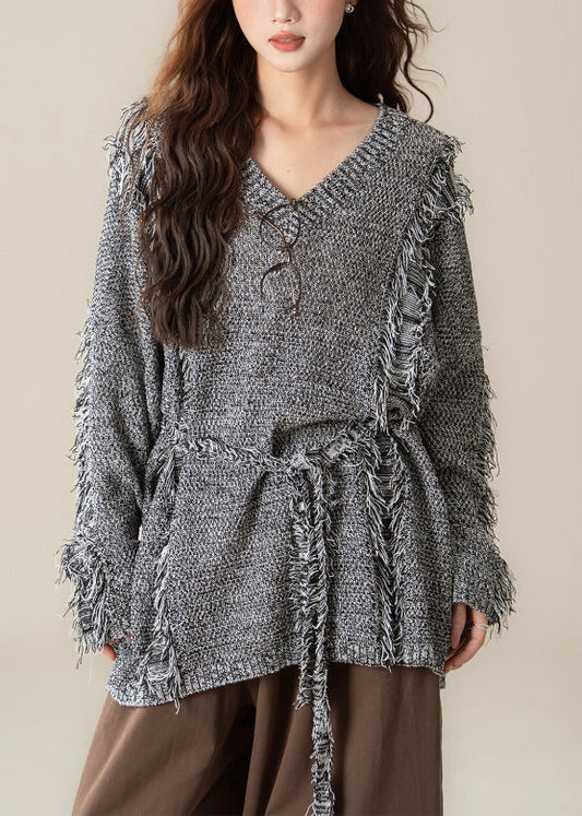 Loose Black V Neck Hole Cozy Knit Sweater Spring