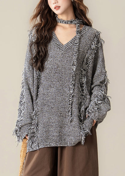 Loose Black V Neck Hole Cozy Knit Sweater Spring