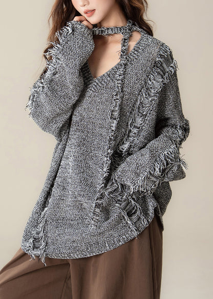 Loose Black V Neck Hole Cozy Knit Sweater Spring