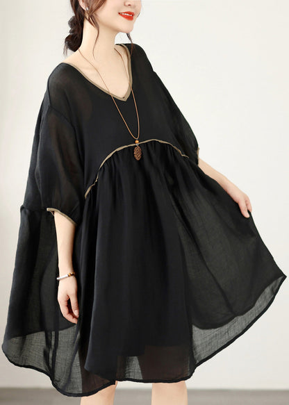 Loose Black V Neck Patchwork Cotton Mid Dresses Summer