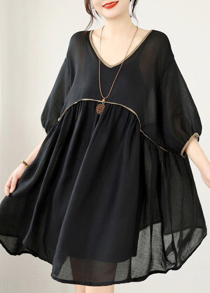Loose Black V Neck Patchwork Cotton Mid Dresses Summer