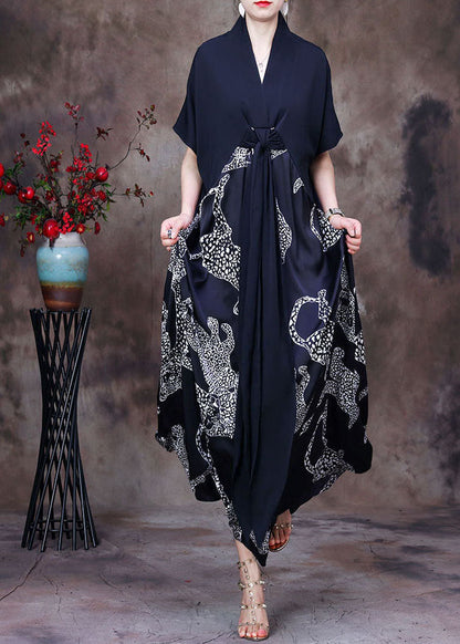 Loose Black V Neck Patchwork Print Silk Vacation Long Dress Short Sleeve