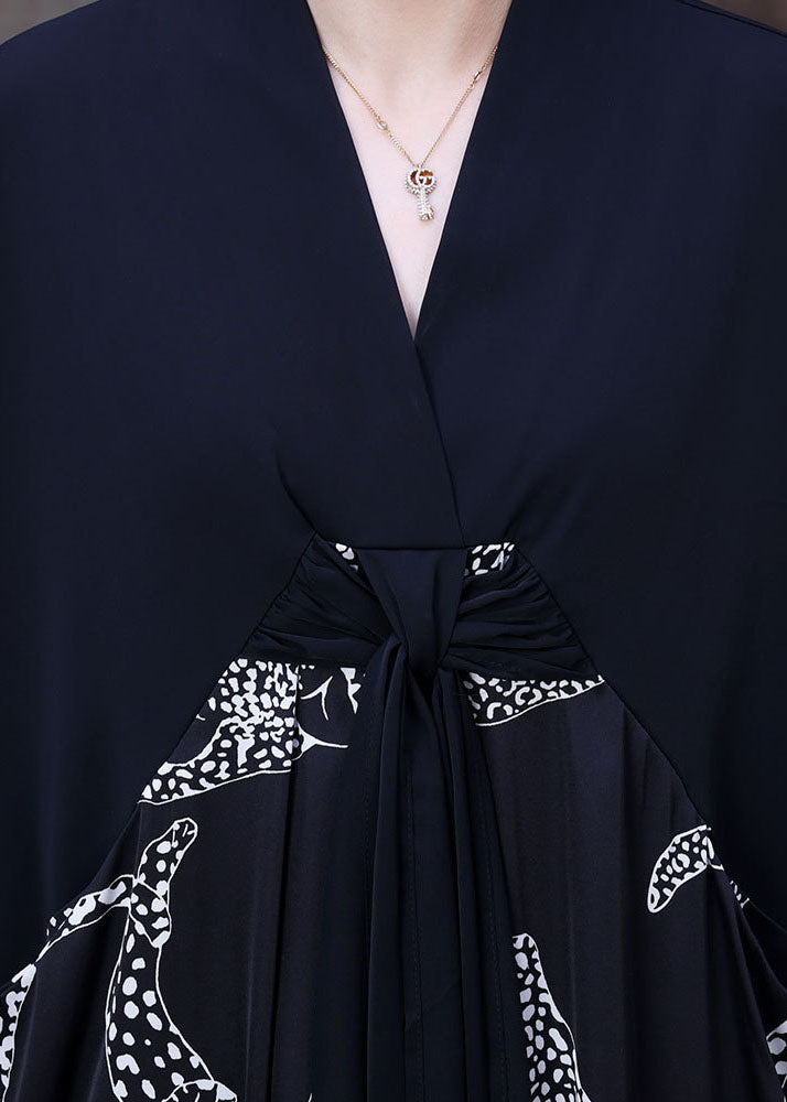 Loose Black V Neck Patchwork Print Silk Vacation Long Dress Short Sleeve