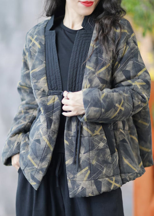 Loose Black V Neck Pockets Patchwork Fine Cotton Coat Spring